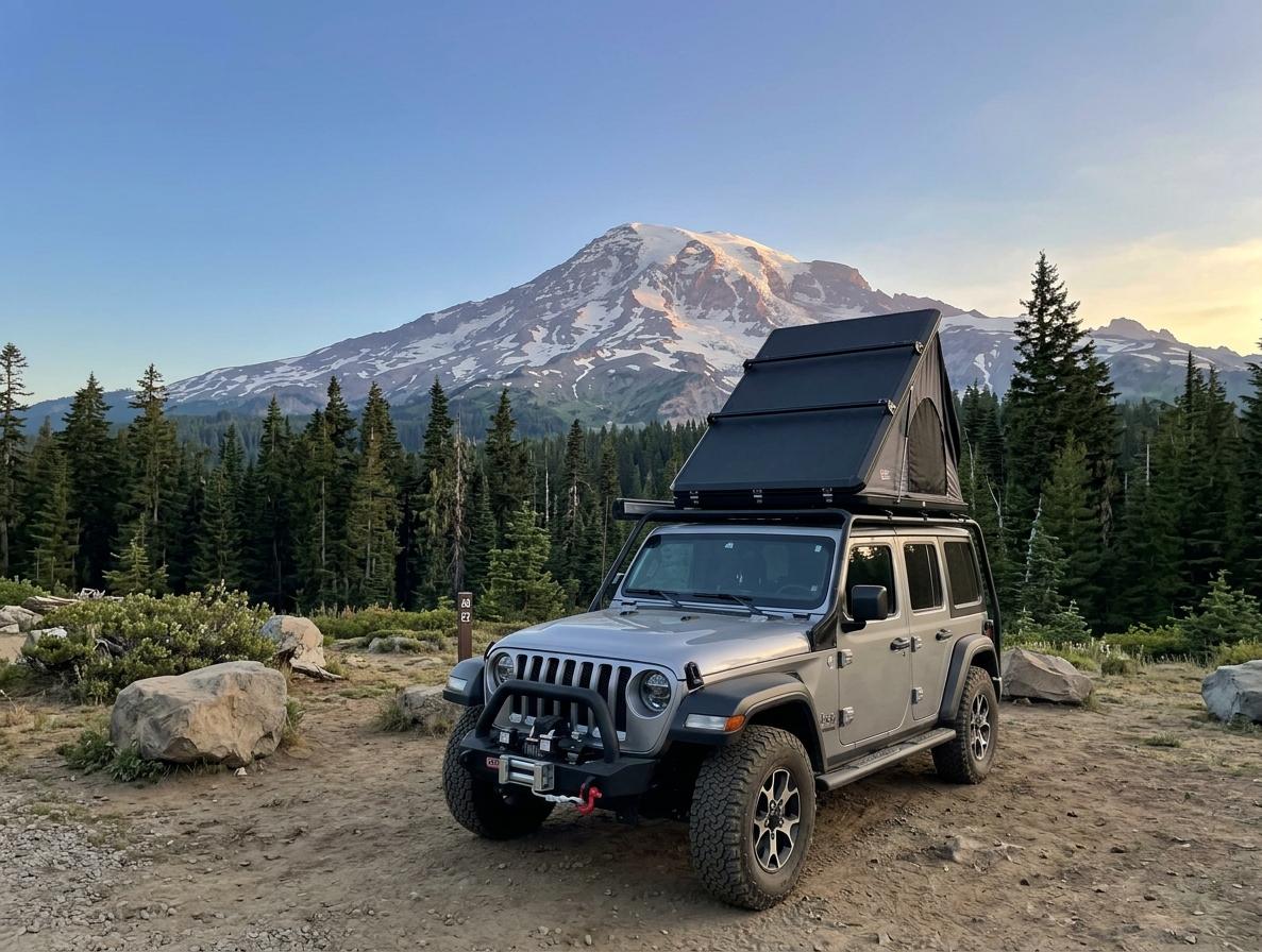 A silver Jeep Wrangler with rooftop tent deployed at golden hour, with Mount Rainier rising behind it