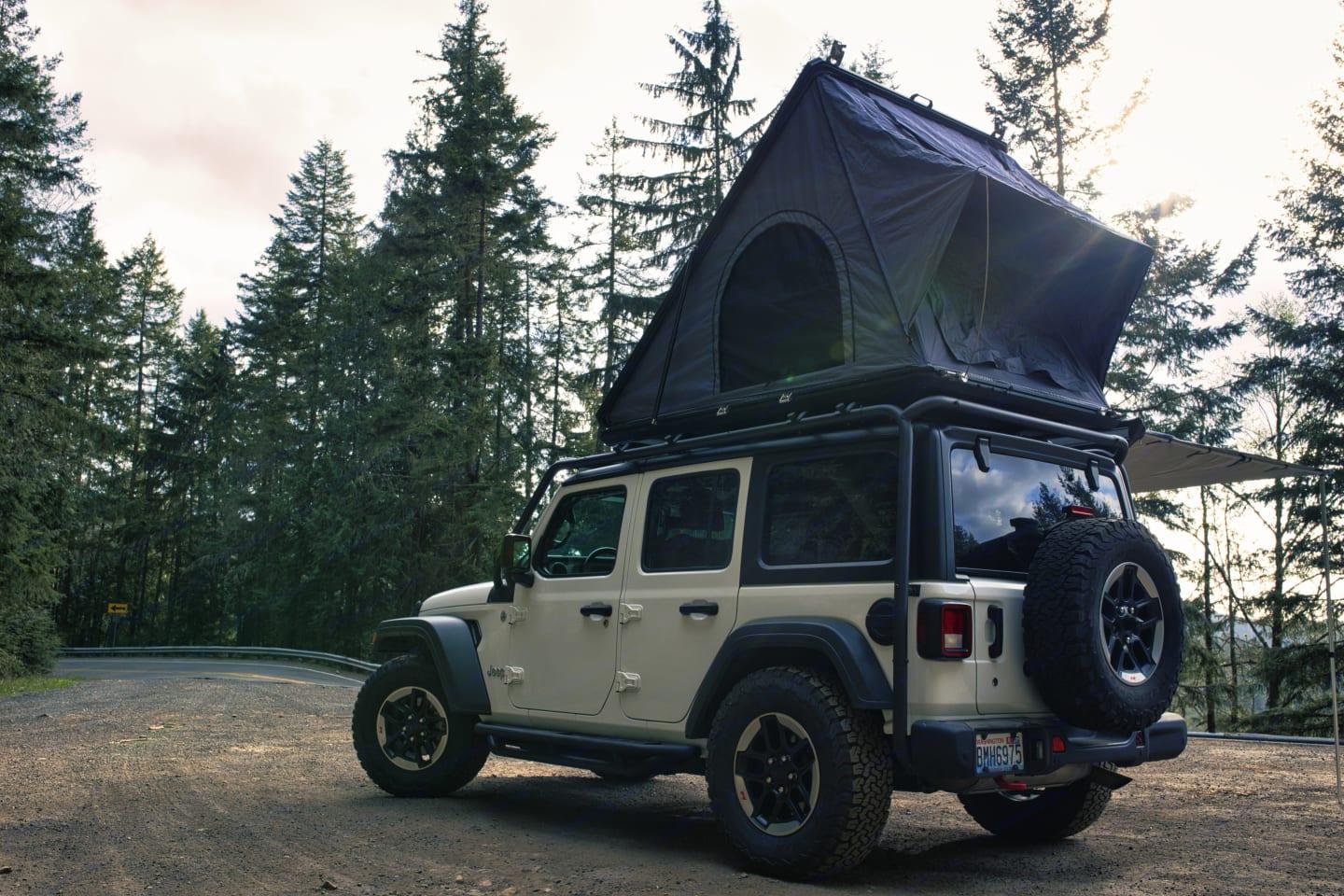 Hardshell rooftop tent opened on a Jeep's roof rack in old-growth forest